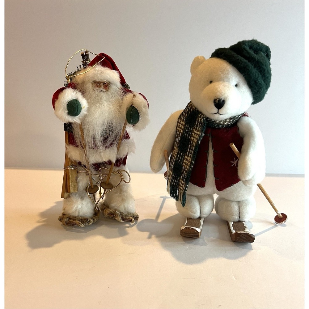 Set Santa Ornament On Snow Shoes And Bear On Wooden Skis‎ Christmas